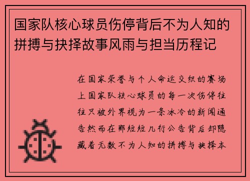 国家队核心球员伤停背后不为人知的拼搏与抉择故事风雨与担当历程记
